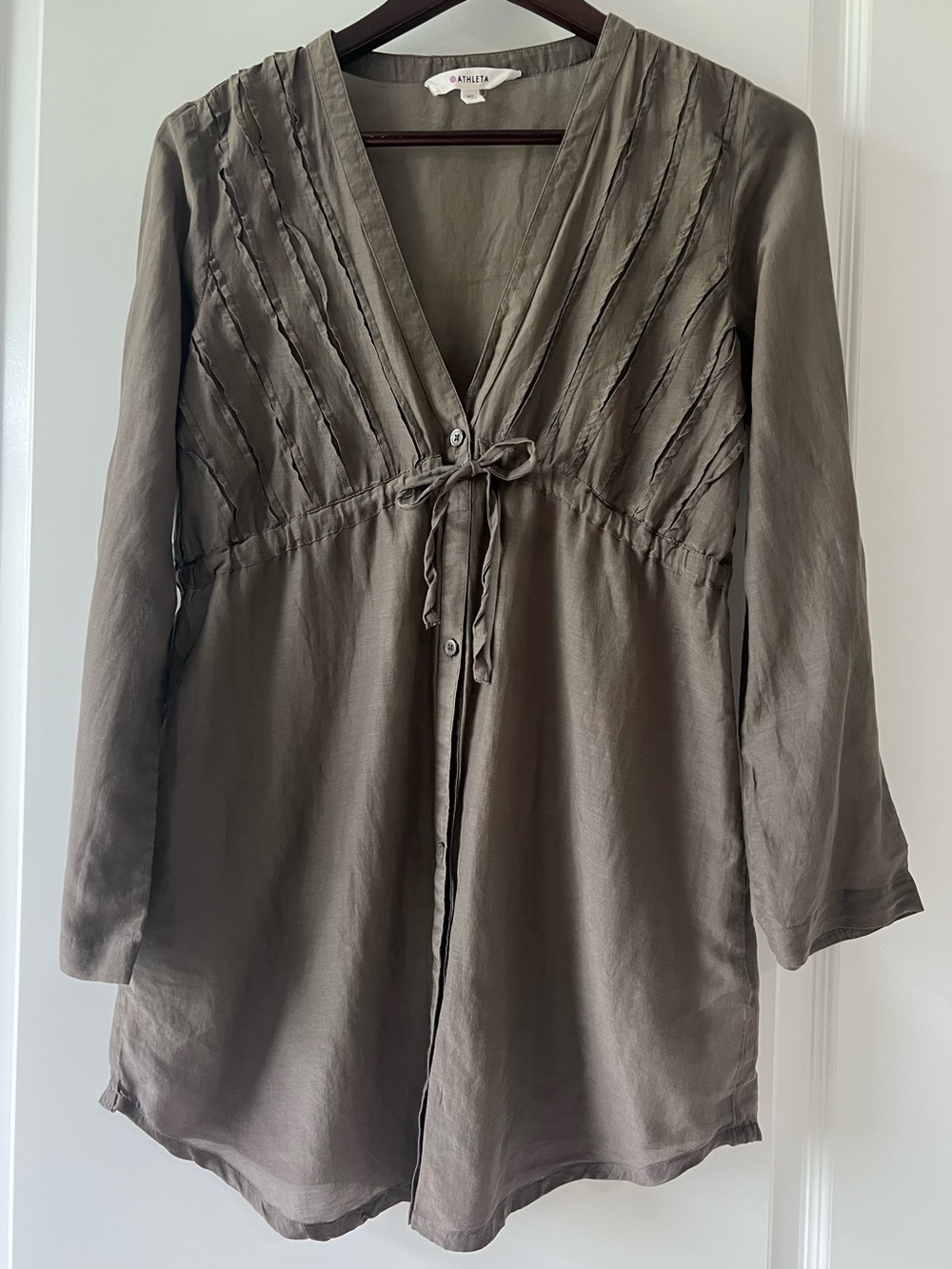 Athleta Day Dream Silk Coverup Tunic XS Brown Pintuck Drawstring Boho Beach Top